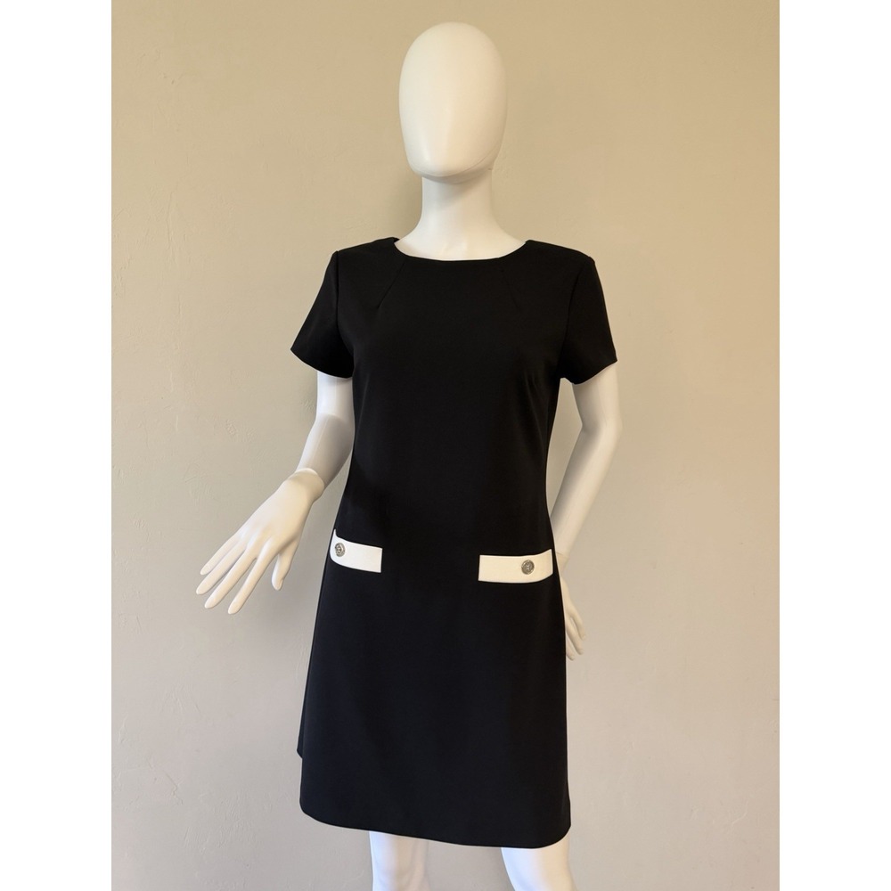 Tommy Hilfiger Shift Dress Short Sleeve Black White Pocket Button Accent Size 6